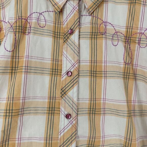 Bit Bridle Western Pearl Snap Shirt XXL Yellow Plaid Pink Embroidered Cowgirl - Picture 8 of 10